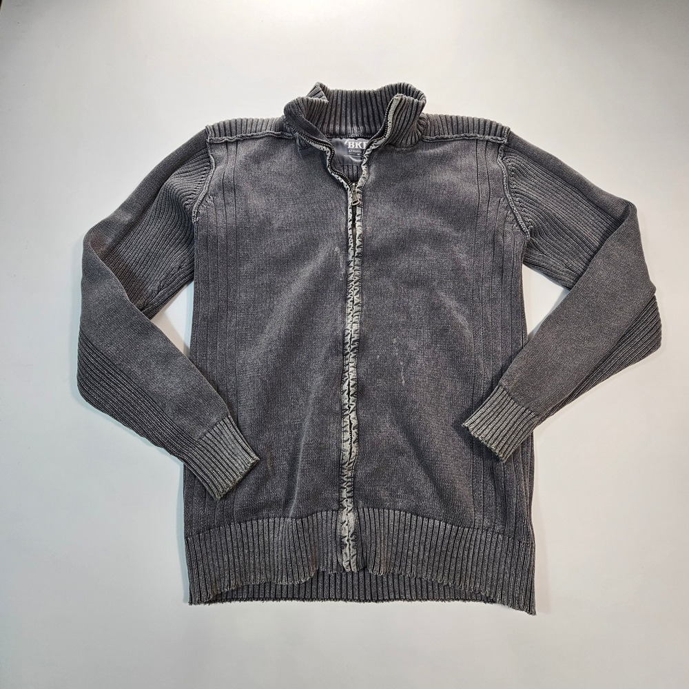 BKE Athletic Mens Full Zip Ribbed Knit Sweater Charcoal Gray Mock Neck L